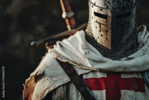 Templar knight with helmet and sword, medieval warrior, fiction and history concept.