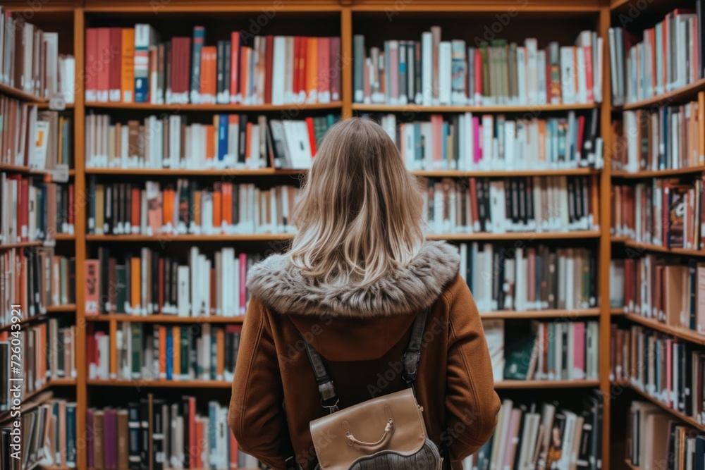 Woman from behind looking at a shelf of books in a library, concept of studies, knowledge and learning.