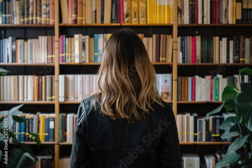 Woman from behind looking at a shelf of books in a library, concept of studies, knowledge and learning.