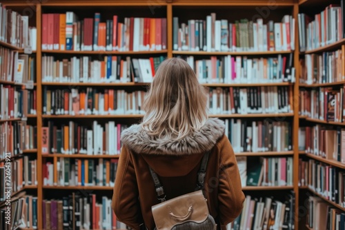 Woman from behind looking at a shelf of books in a library, concept of studies, knowledge and learning.