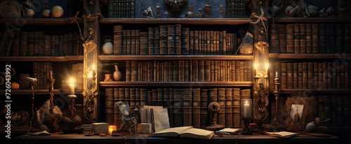 Ancient gothic library, dark and eerie library, magic medieval library full of old ancient books. Old wooden shelves holding many historical books and manuscripts. photo