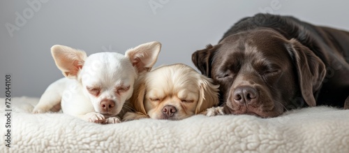 White chihuahua puppy sits by the large sleeping labrador retriever  looking at the camera in isolation.