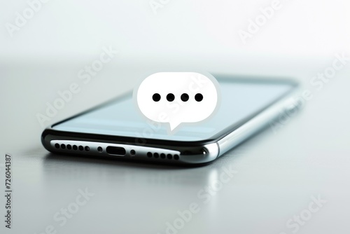 Chat bubble icon on cell phone screen, concept of communication, online conversation and technology. photo