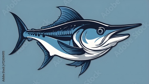 Illustration of Marlin head logo design in blue and white. AI Generated.
