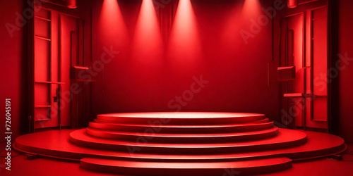 product podium display stone platform template empty background | Stage podium scene for award ceremony on red background