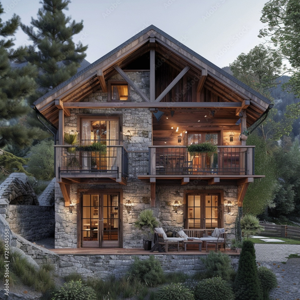 Tiny two floor timber frame house with double front doors and terrace with lantern and oriental theme design Tiny two floor timber frame house with double front doors and terrace with lantern and oriental theme design
