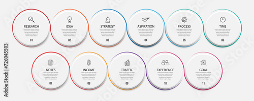infographic vector design 11 parts or steps, simple with thin lines that are interconnected, for business flow diagrams, presentations, advertisements, banners
