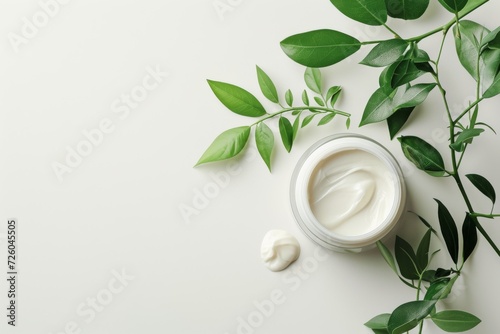 Cream jar with green leaves on white.