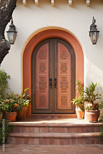 Mediterranean villa with ornate wooden door and potted plants