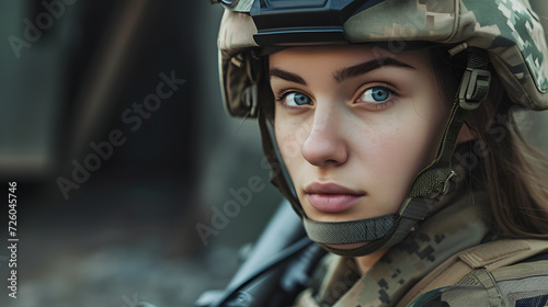 Young woman in military uniform and helmet © Lin_Studio