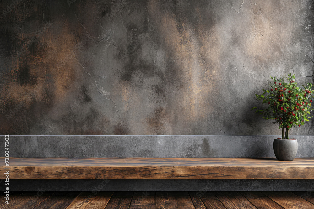 Close up view of a empty wooden lowboard for product display, with spacious gray cement wall, minimalistic, muted color tone, industrial loft style... Close up view of a empty wooden lowboard for product display, with spacious gray cement wall, minimalistic, muted color tone, industrial loft style...