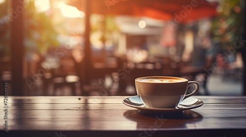 Hot fresh coffee on cafe table blurred light background