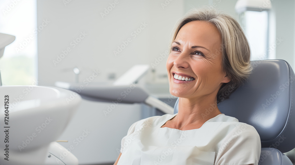 A cheerful moment captured as a woman sits at the dentist, smiling warmly at the camera A cheerful moment captured as a woman sits at the dentist, smiling warmly at the camera