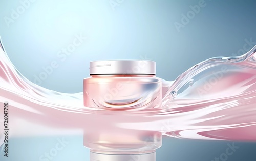 3d illustration Cream bottle Beauty product placed on the surface of Pure water like water Skin care product. generative ai photo