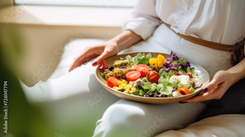 Healthy diet vegan food vegetables on plate in a woman s hand