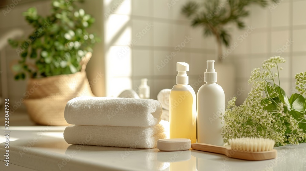 Bright bathroom with plant-based bath products and soft towels, promoting organic self-care and a serene ambiance. Bright bathroom with plant-based bath products and soft towels, promoting organic self-care and a serene ambiance.