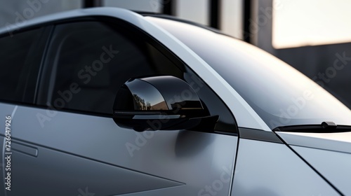 A detailed closeup of the side mirrors base showcases its slim design minimizing bulk and maximizing the cars striking profile.