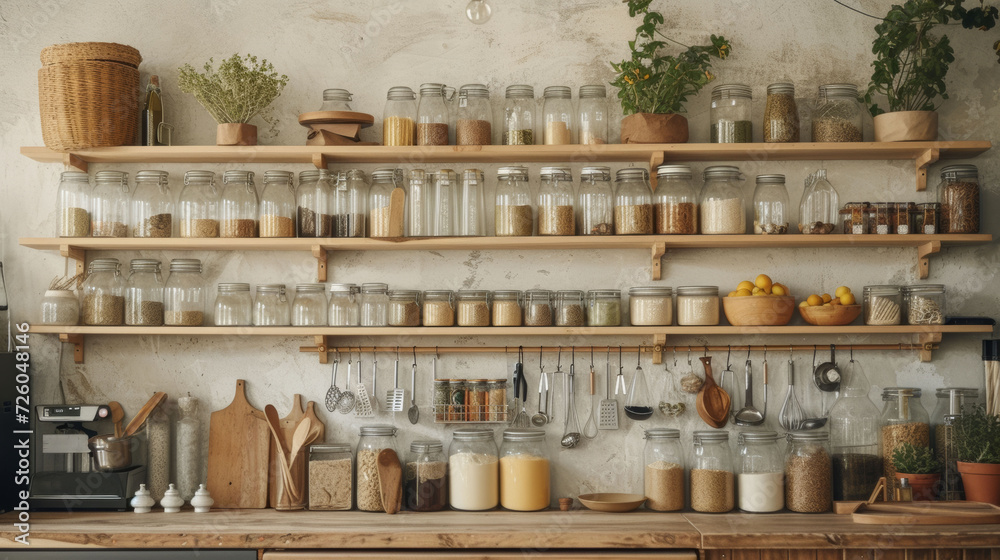 Open kitchen shelves stocked with glass jars of various ingredients, showcasing a sustainable and zero-waste home environment. Open kitchen shelves stocked with glass jars of various ingredients, showcasing a sustainable and zero-waste home environment.