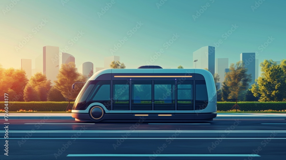 Autonomous electric shuttle on a city street, symbolizing the future of sustainable urban transportation.