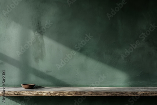 Close up view of a empty wooden shelf for product display, with spacious dark green wall, minimalistic, muted color tone, retro and vintage style...