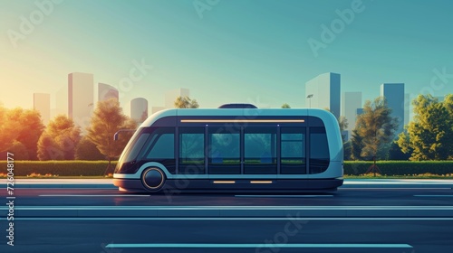 Autonomous electric shuttle on a city street  symbolizing the future of sustainable urban transportation.
