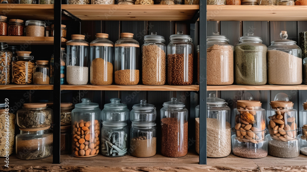 Well-organized pantry shelves filled with various grains and seeds in glass jars promoting a zero-waste lifestyle. Well-organized pantry shelves filled with various grains and seeds in glass jars promoting a zero-waste lifestyle.