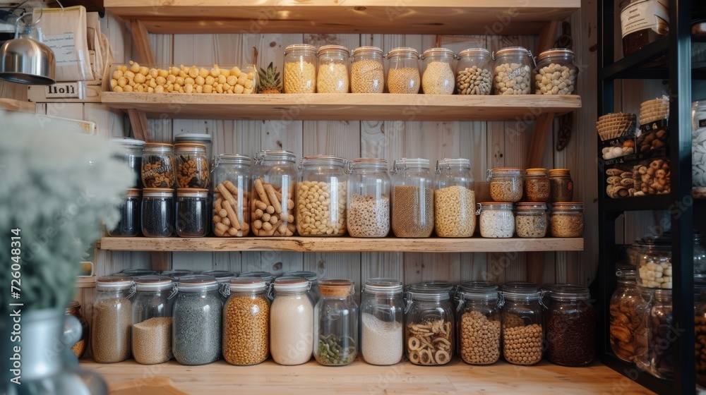 Zero waste pantry with glass jars filled with bulk foods, showcasing eco-friendly storage.