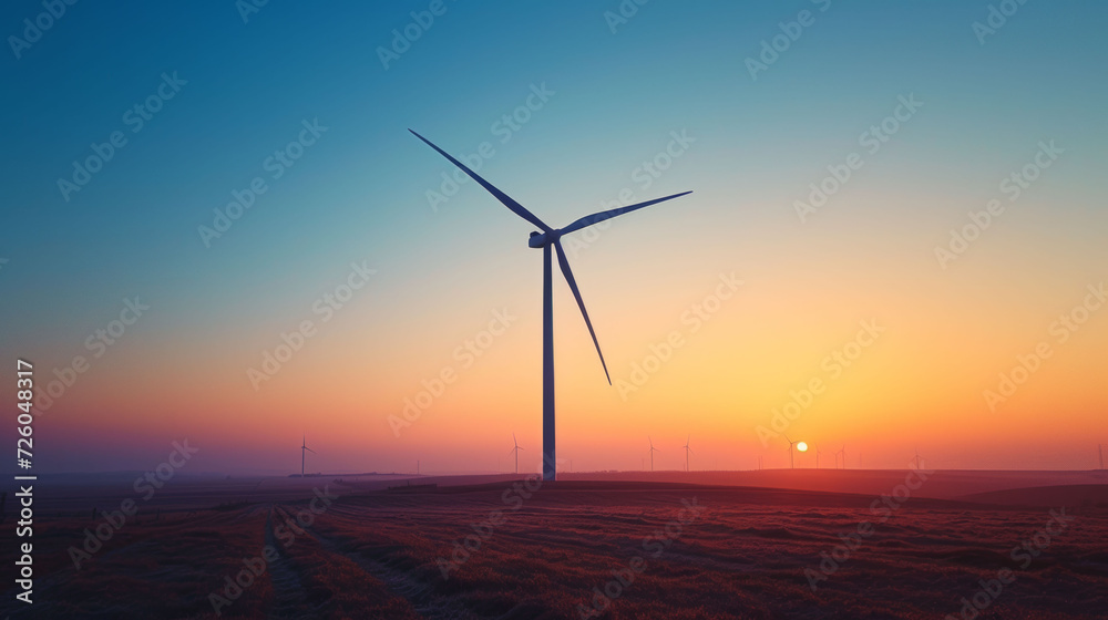Obraz premium Wind turbine at sunrise in a peaceful field, representing the dawn of renewable energy.