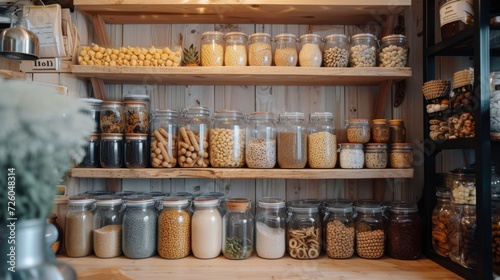 Zero waste pantry with glass jars filled with bulk foods, showcasing eco-friendly storage.