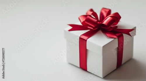 A white gift box with a red ribbon bow, isolated on a white background