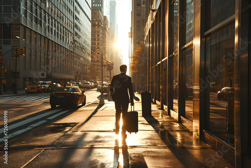 silhouette of business traveler man with luggage bag on city street