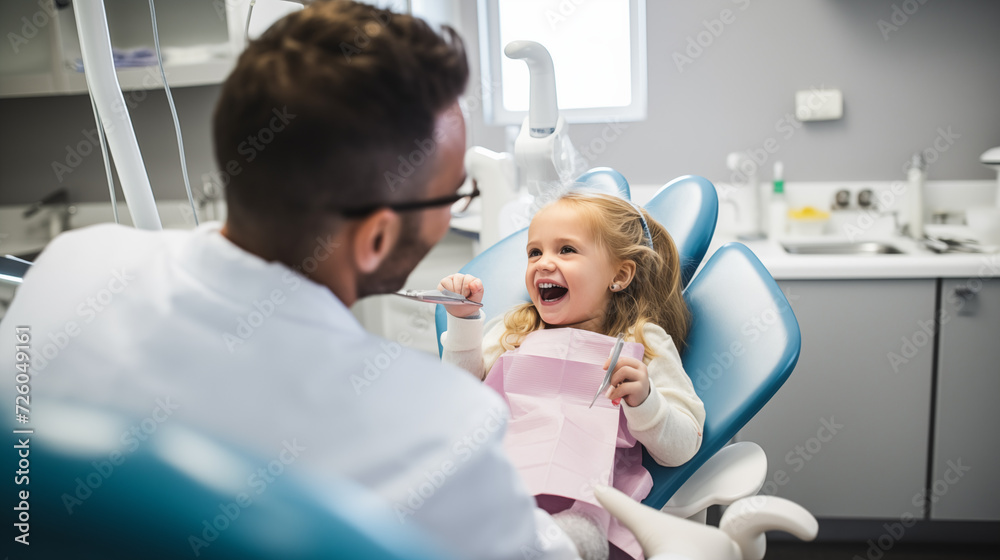 A heartwarming scene unfolds as a dentist, with a caring and professional approach, gently cleans a child's teeth A heartwarming scene unfolds as a dentist, with a caring and professional approach, gently cleans a child's teeth