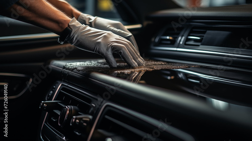 A close-up moment of male hands cleaning and polishing the interior of a car © Tahsin