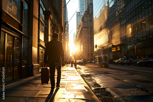 silhouette of business traveler man with luggage bag on city street