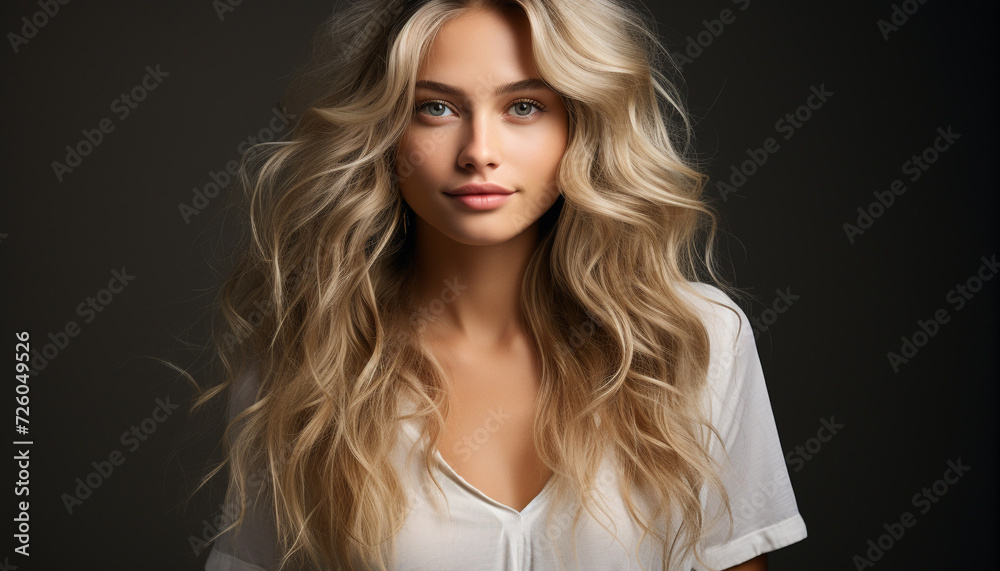 Beautiful woman with long blond hair, looking at camera confidently generated by AI Beautiful woman with long blond hair, looking at camera confidently generated by AI