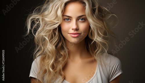 Beautiful woman with long blond curly hair looking at camera generated by AI