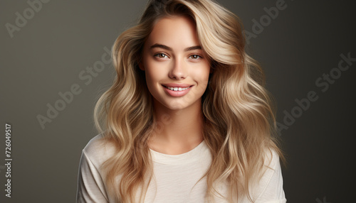 Young adult woman with long blond curly hair smiling at camera generated by AI