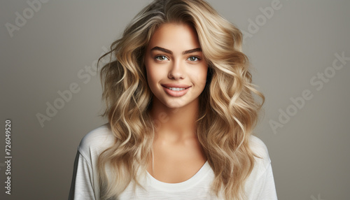 Beautiful woman with long blond curly hair smiling at camera generated by AI