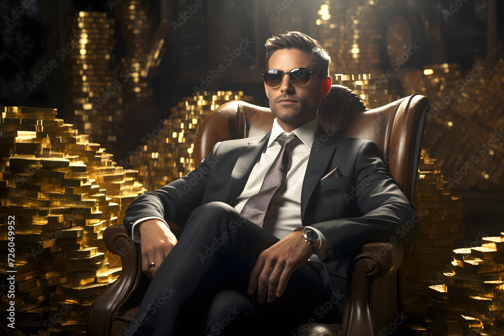 Rich businessman in the office with many gold bars. financial success of business tycoons Rich businessman in the office with many gold bars. financial success of business tycoons