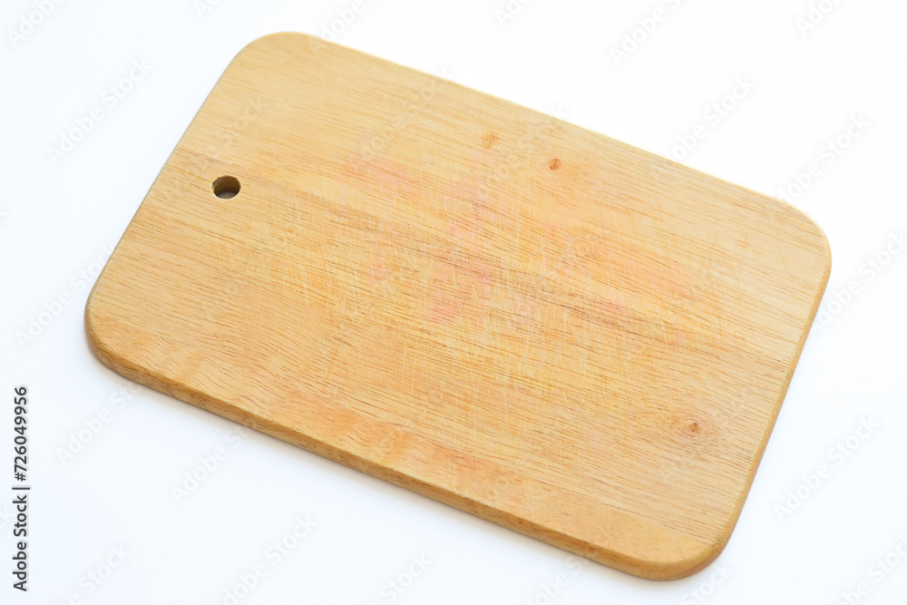 wooden cutting board isolated on white background, plank wood in the kitchen