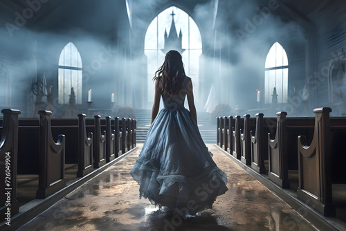 woman in a wedding dress goes to the altar in the church hall. religion and christianity
