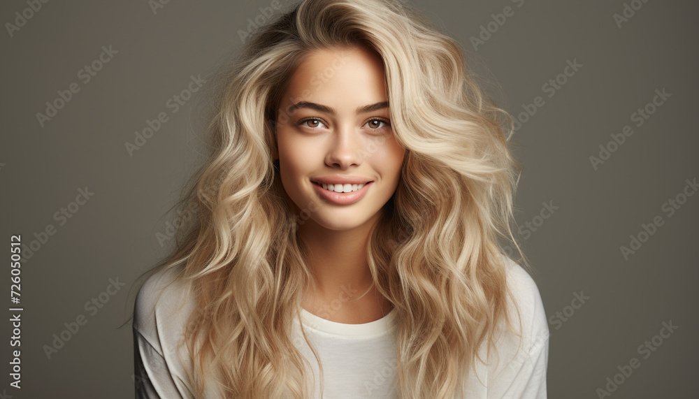Beautiful woman with long blond curly hair smiling at camera generated by AI Beautiful woman with long blond curly hair smiling at camera generated by AI