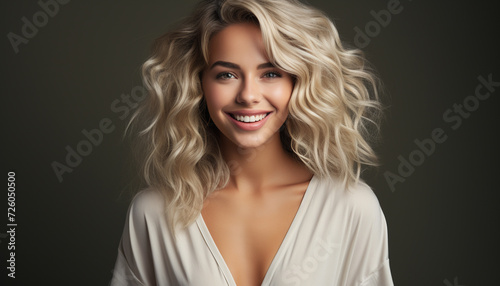 Beautiful woman with long blond hair, looking at camera confidently generated by AI