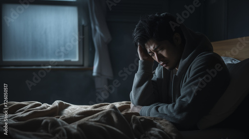 a moment of a depressed young Asian man sitting in bed, unable to sleep from insomnia photo