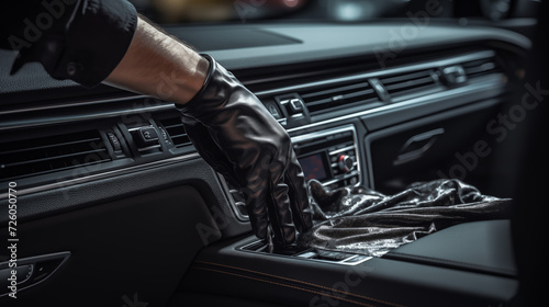 A close-up moment of male hands cleaning and polishing the interior of a car emphasizing the car's dashboard to a pristine condition © Tahsin