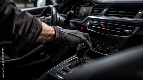 a well-maintained auto workshop, male hands expertly clean and polish the dashboard of a car