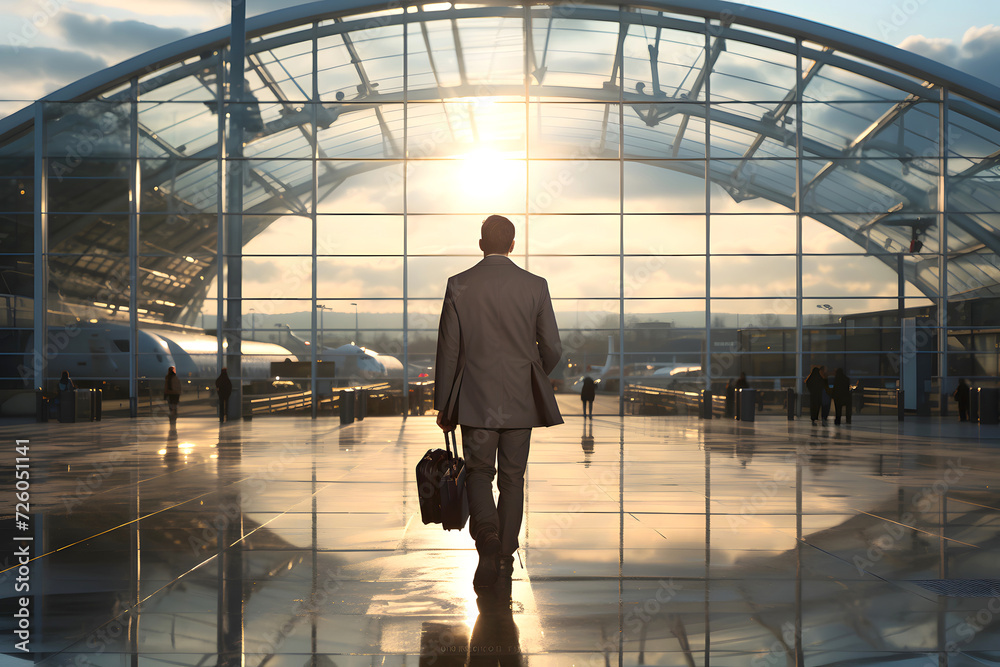 silhouette of business traveler man with luggage bag in the station hall