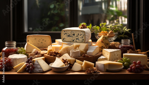 A gourmet buffet, a variety of cheeses, fresh fruit generated by AI