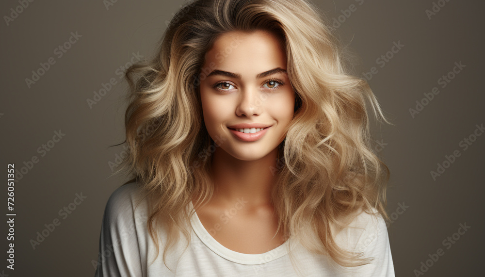 Beautiful woman with long blond hair smiling at the camera generated by AI Beautiful woman with long blond hair smiling at the camera generated by AI