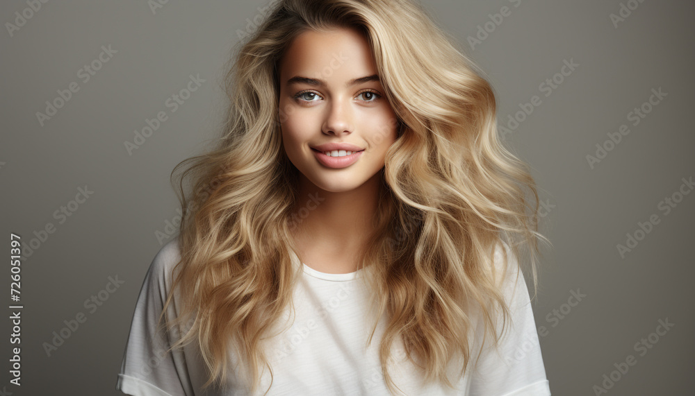 Beautiful woman with long blond curly hair smiling at camera generated by AI Beautiful woman with long blond curly hair smiling at camera generated by AI